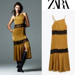 Zara Midi Satin Lace Slip Dress Sz Xs, M Nwt - image 1